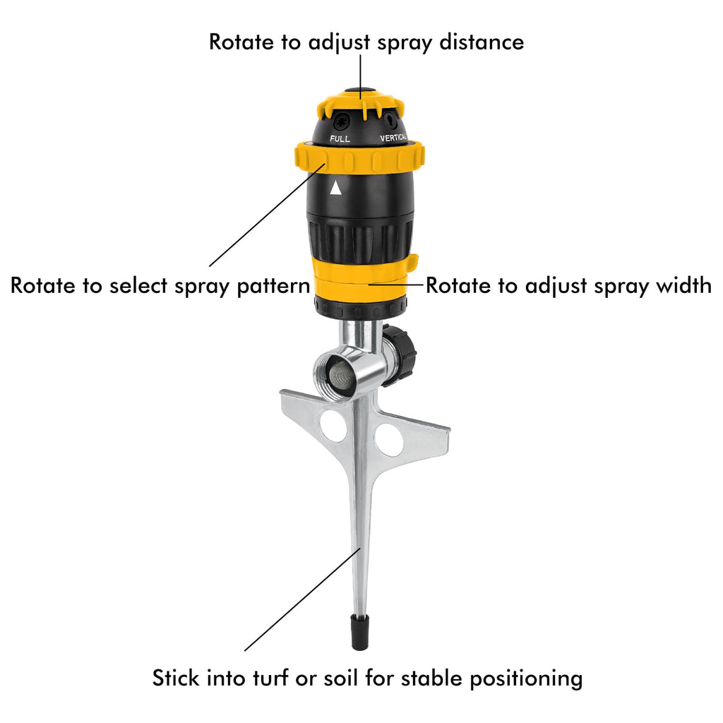 RESTMO Gear Drive Sprinkler with Metal Spike Base, 5-Pattern Heavy Duty Gardening Watering System, Multi-Adjustable Lawn Sprinkle for Garden Plant, Flower Bed and Large Yard Area Watering, Gray