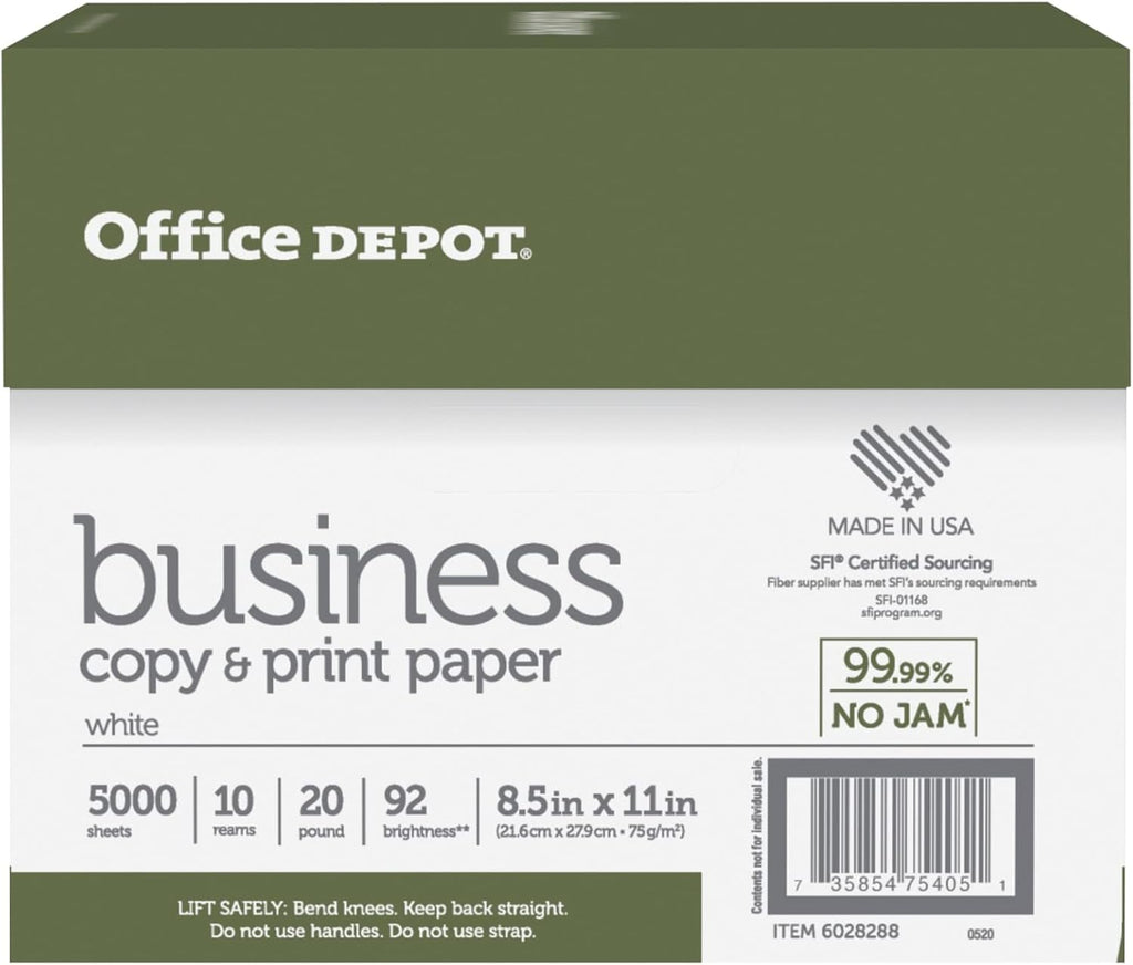 Office Depot Business Multi-Use Printer & Copy Paper, 10 Reams, White, Letter (8.5" x 11"), 5000 Sheets Per Case, 20 Lb, 92 Brightness, 1 Case
