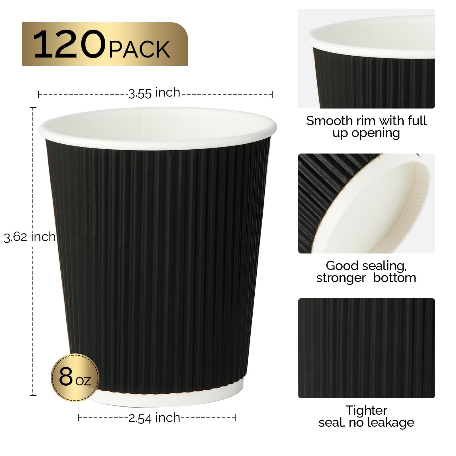 JollyPack 60 Pack 12 oz Paper Coffee Cups, Black Disposable Beverage Cups with Insulated Ripple Wall for Coffee, Tea, and Hot Chocolate