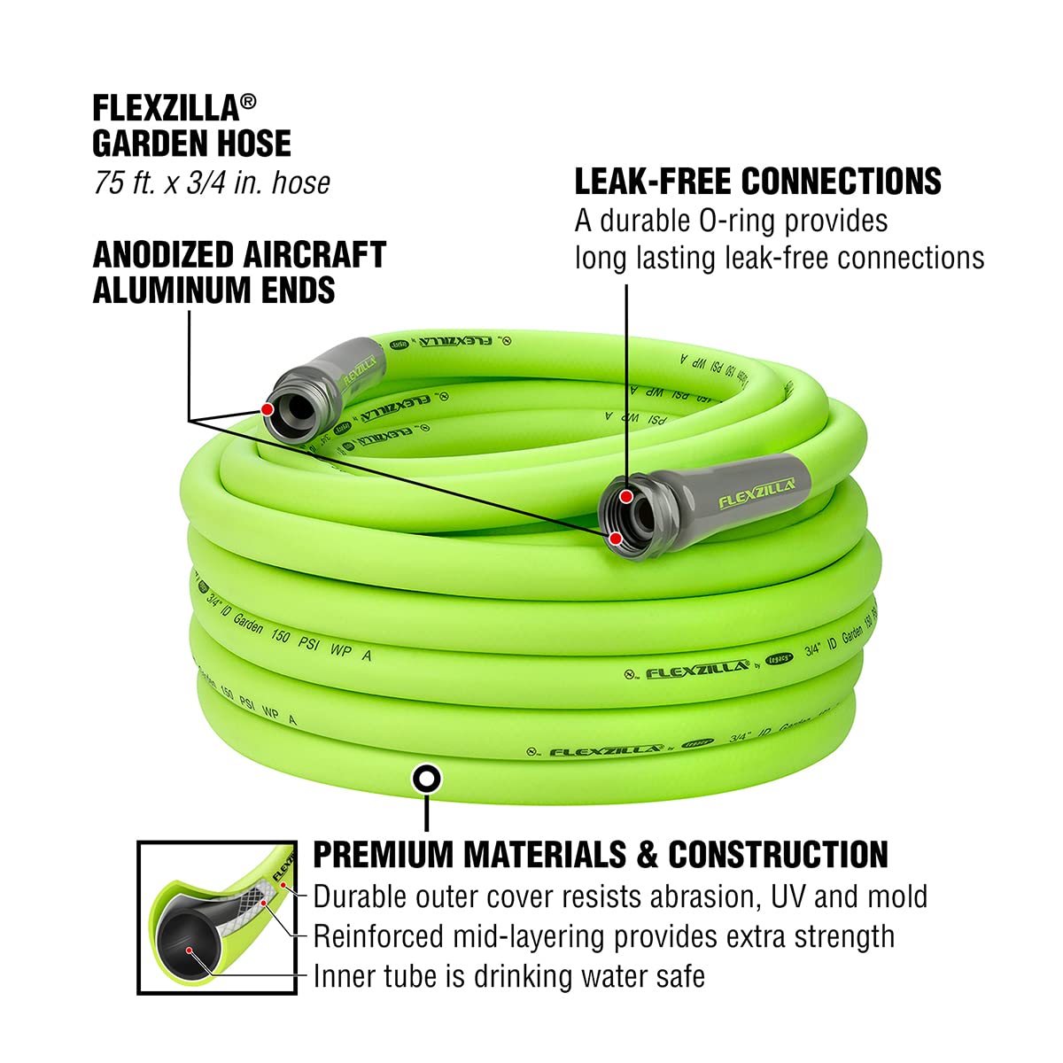 Flexzilla Garden Hose 3/4 in. x 50 ft., Lightweight All-Weather Water Hose, Durable and Flexible, Leak-Free Connections