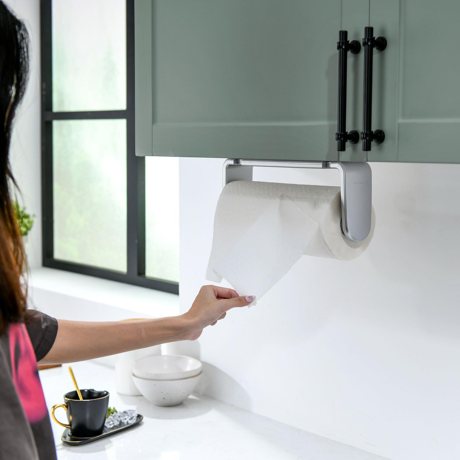 simpletome Paper Towel Holder ONE Hand Tear Adaptive Tension Arm Adjustable Length 9.4-11inch/24-28cm (Black) | adaptive adjustable tension arm | tear one/more sheets at one time | adhesive or drilling | abs plastic | easy to replace