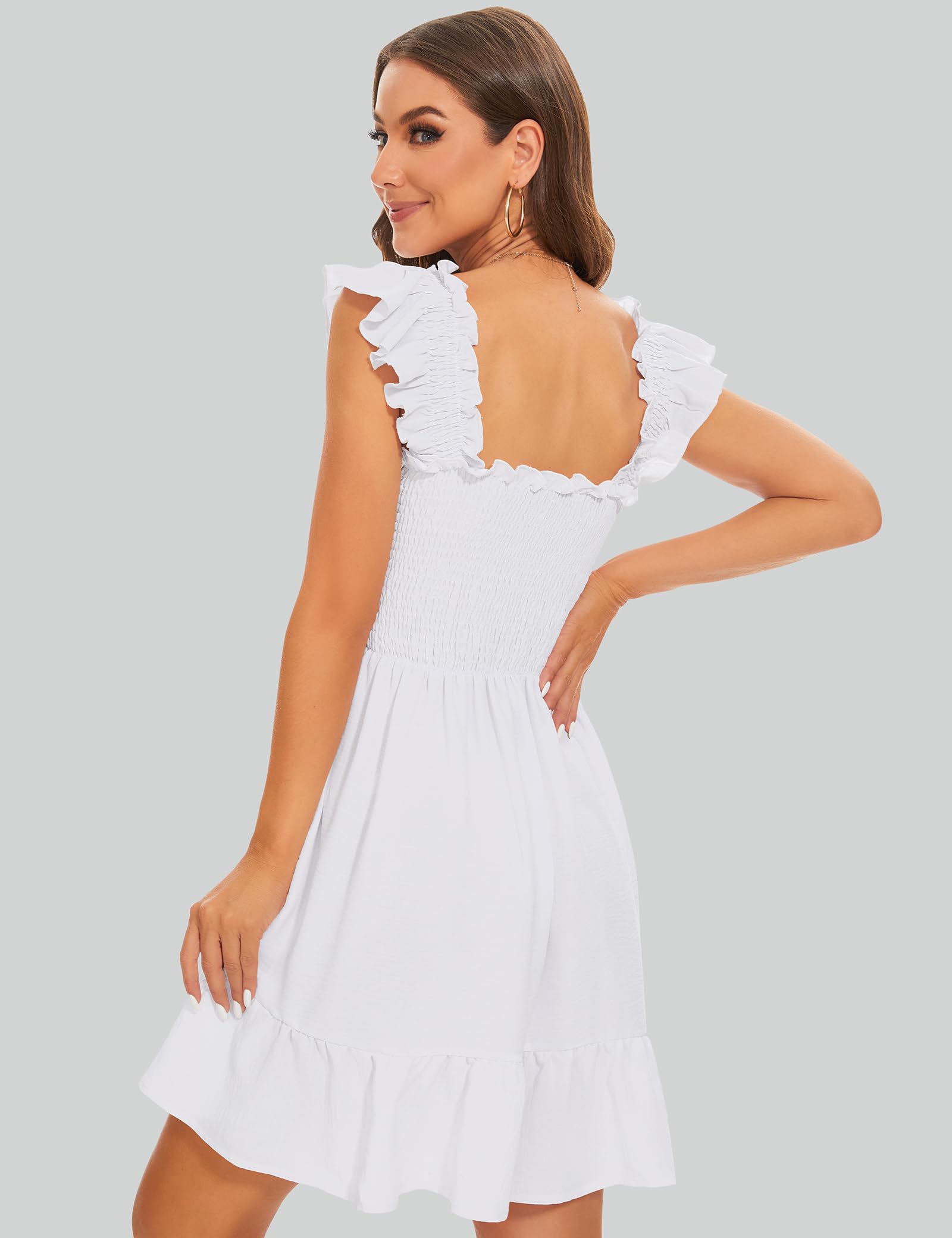 ROYLAMP Women's Smocked Dresses Square Neck Elegant Tiered Boho Ruffle Shoulder Swing Flowy Summer Casual Mini Dress