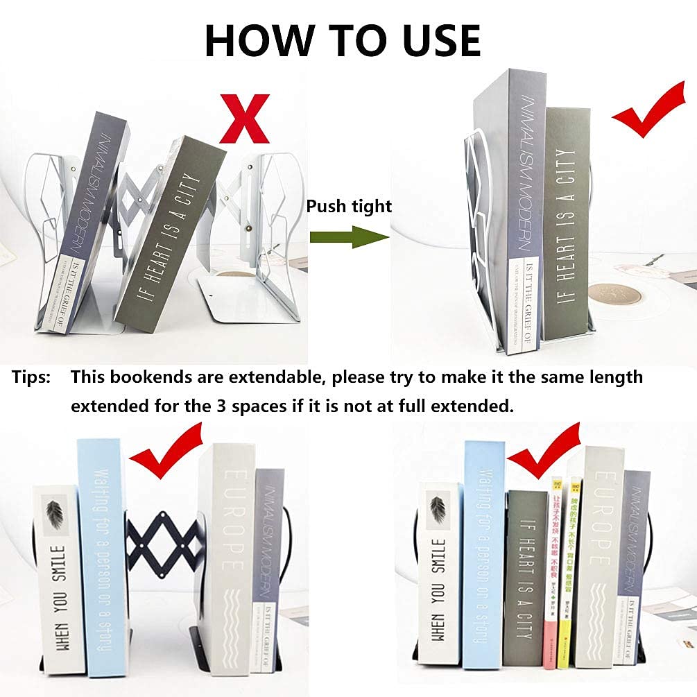 Adjustable Bookends - Nonskid Heavy Duty Book Ends for Desk - Book Stand & Organizer