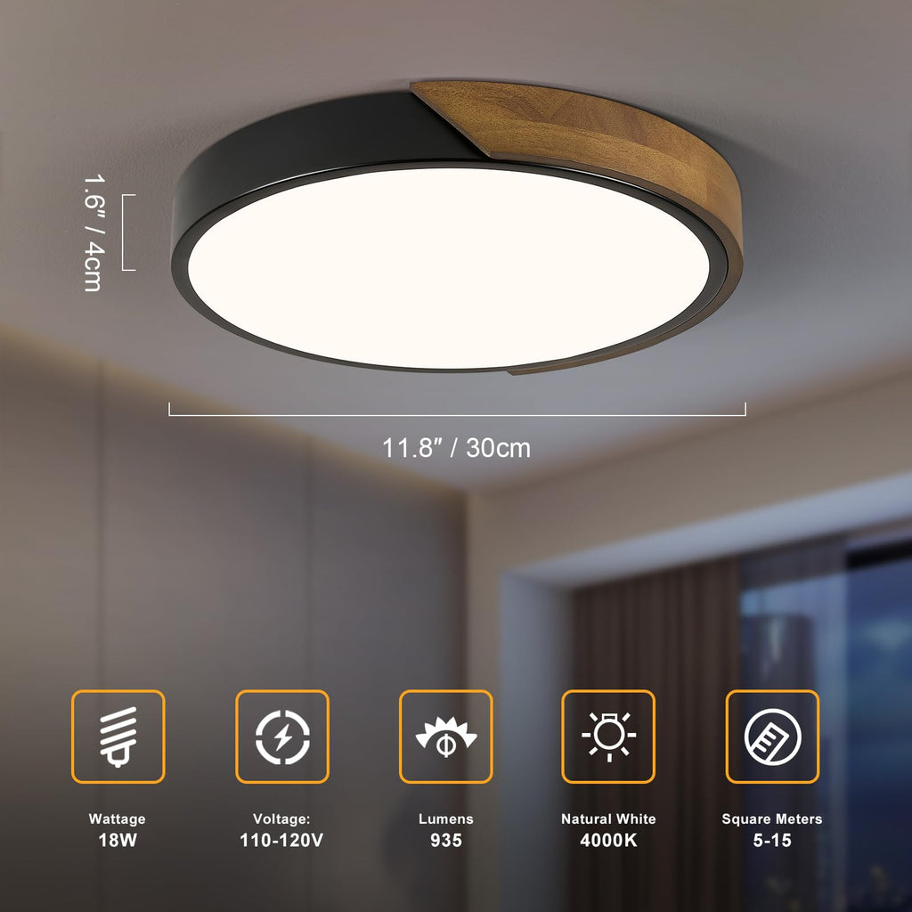 Modern LED Ceiling Light, Minimalist Wood Dimmable Flush Mount Ceiling Light Fixture, Round 5CCT Lighting Lamp with Acrylic Lampshade for Bedroom Hallway Kitchen Laundry, Black 11.8"