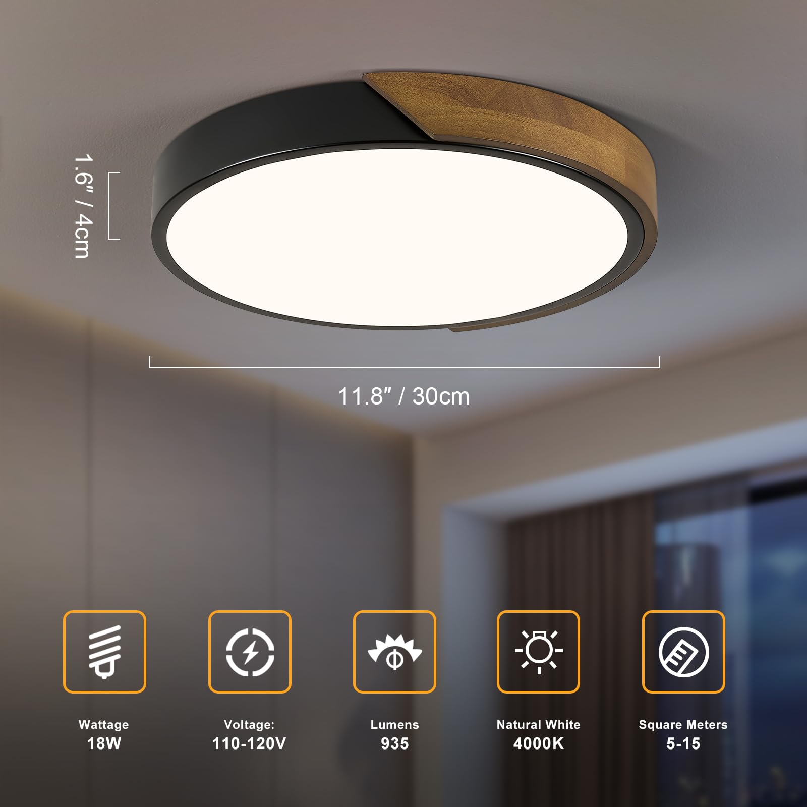 Modern LED Ceiling Light, Minimalist Wood Dimmable Flush Mount Ceiling Light Fixture, Round 5CCT Lighting Lamp with Acrylic Lampshade for Bedroom Hallway Kitchen Laundry, Black 11.8"
