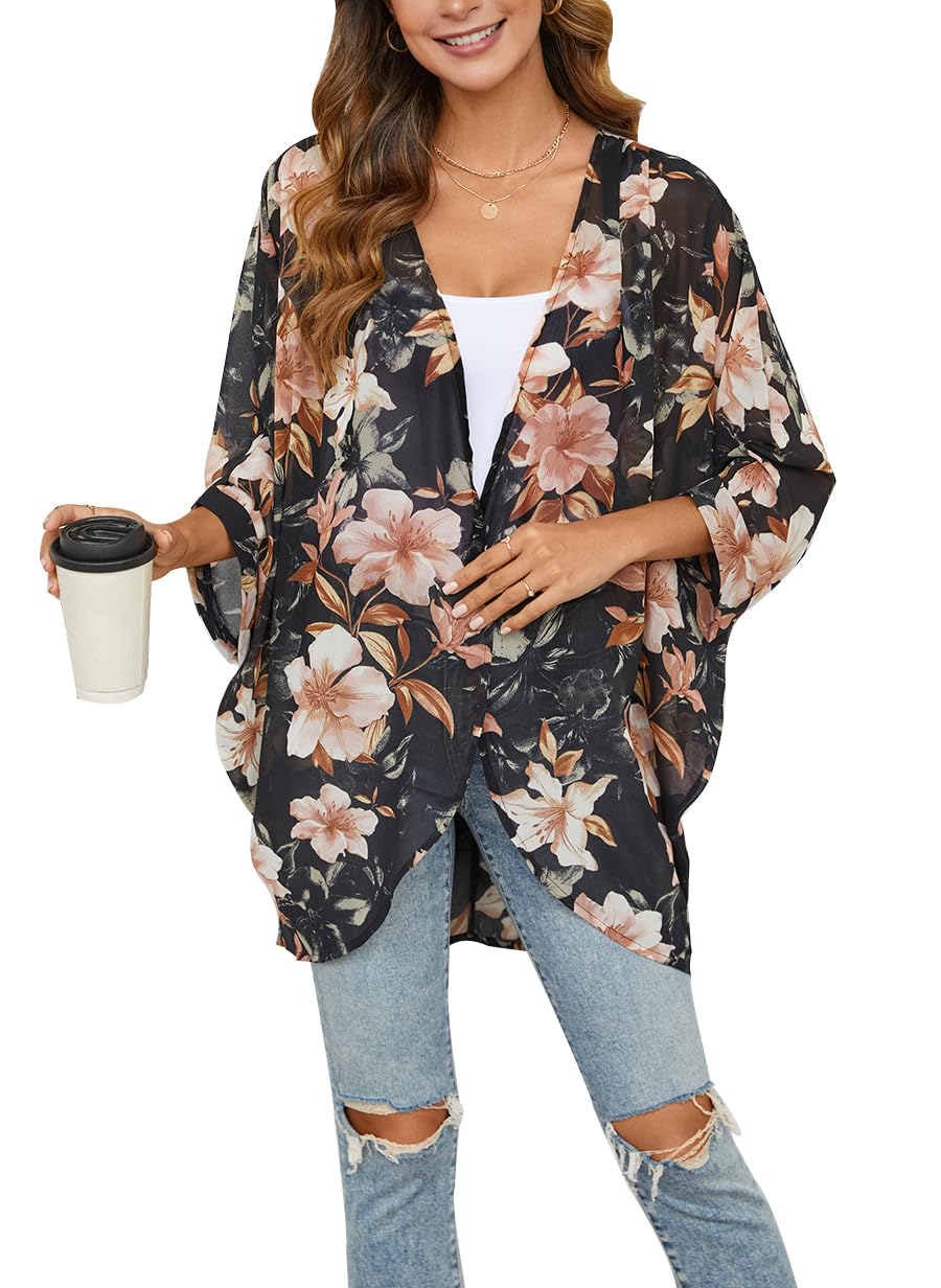 olrain Women's Floral Print Sheer Chiffon 3/4 Bat Sleeve Casual Loose Kimono Cardigan Capes