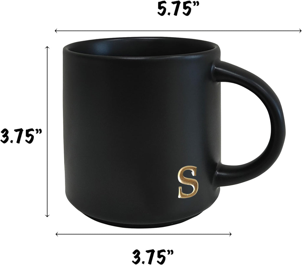 COLLECTIVE HOME - Black Monogram Ceramic Mugs, 15 oz Golden Initial Coffee Cups, Elegant Alphabet Tea Mugs, Personalized Halloween Mug with Gift Box, Perfect for Office and Home Décor (a)