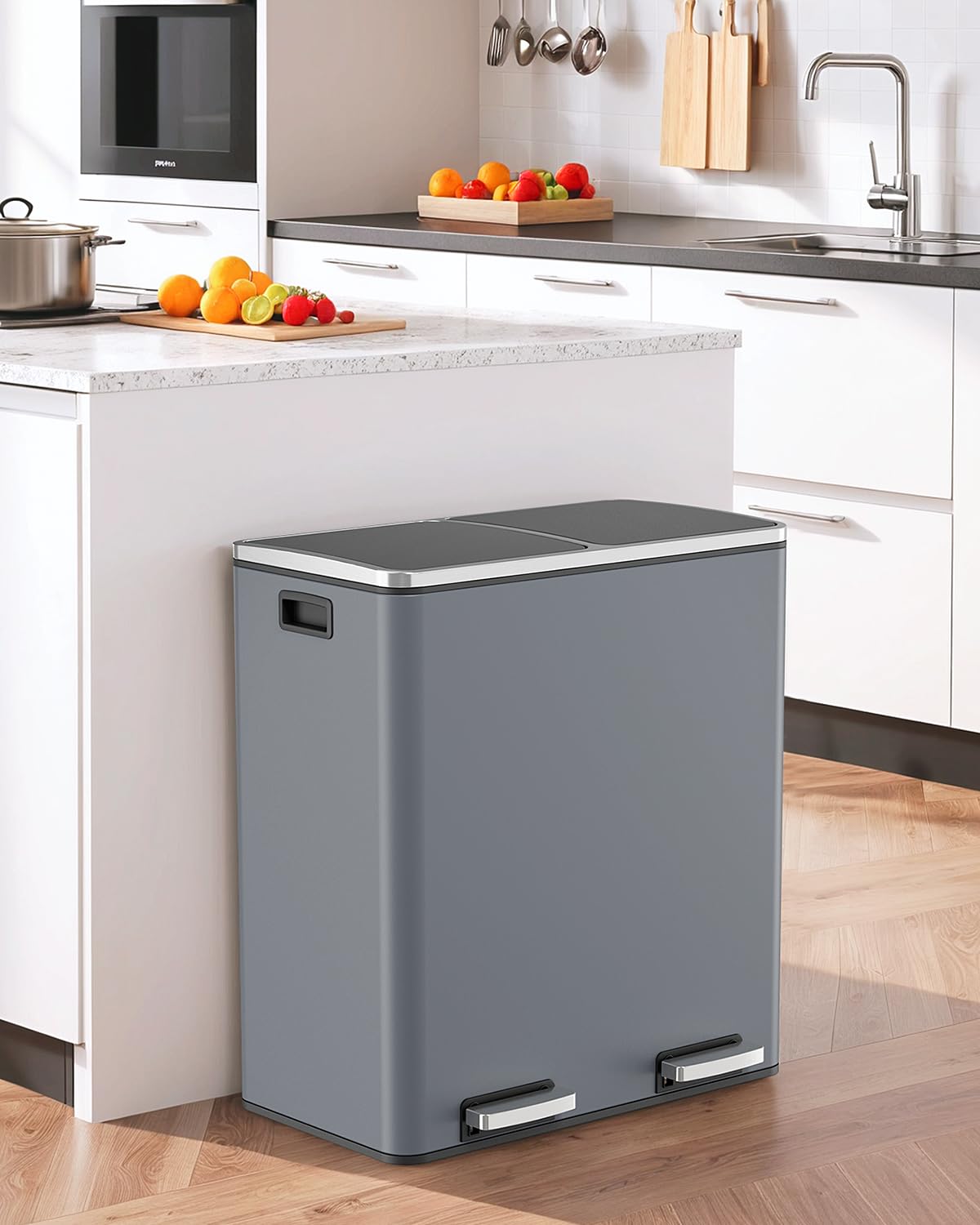 60L(16 Gal) Dual Trash Can, Stainless Steel Kitchen Garbage Can, Double Compartment Classified Rubbish Bin, Recycle Dustbin w/Plastic Inner Buckets, Soft-Close Lid, Airtight, Black