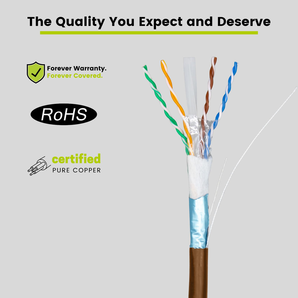 TRUE CABLE Cat6 Direct Burial Outdoor Bulk Ethernet Cable, Shielded F/UTP, 500ft, Brown, 23AWG Solid Bare Copper, Heavy Duty Outdoor, OSP Jacket, Waterproof, UV, 550MHz, PoE++ 100W (4PPoE)