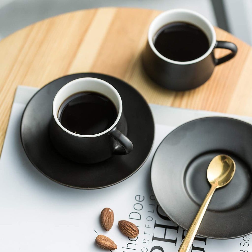 YHOSSEUN Ceramic Espresso Cups Set of 6, 4 OZ Expresso Shots Cup with Stand, Saucers & Spoons, Small Coffee Cup Demitasse Cups for Father's Day, Espresso Accessories for Machine, Black