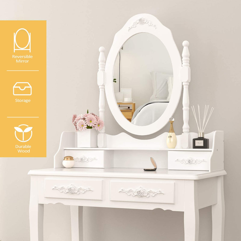 Alohappy Vanity Desk Set with Mirror & Stool for Girls, Makeup Vanity Table and Cushioned Stool Set with 4 Drawers, Wood Dressing Table for Bedroom (Pink)