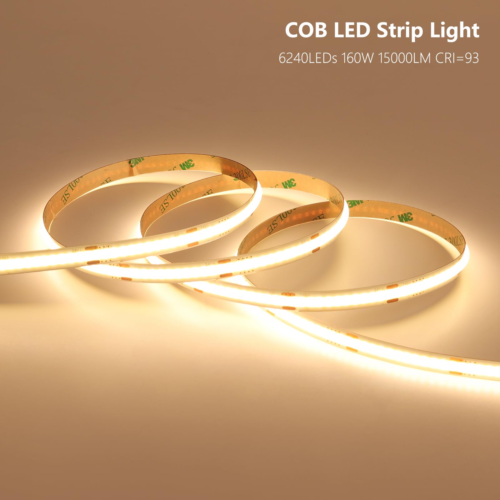 BENLUN 24V COB LED Strip Light 65.6ft (2 Rolls of 32.8ft) Kit, 3000K Warm White Cuttable 11W/M 312LEDs/M CRI 93 LED Tape Lights with Power Supply for Bedroom Kitchen Living Room Ceiling