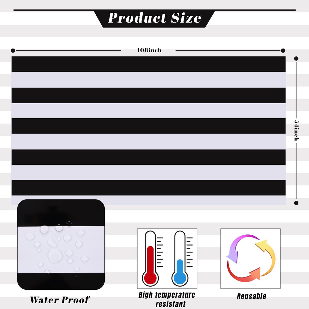 Kesfey 3 Packs Black and White Horizontal Striped Table Cloth 54 x 108 Inch Classic Black Stripe Tablecloths Disposable Plastic Stripe Table Covers Waterproof Picnic Tablecover for Halloween Party