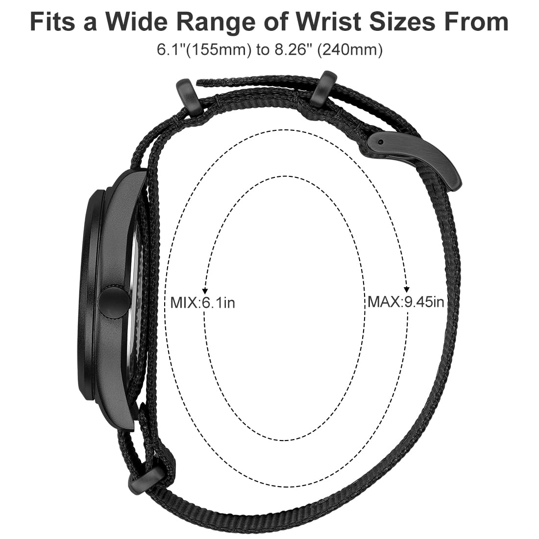 GOLDEN HOUR Men's Nylon Slip-Thru Strap Watch with Military Time Easy Read Dial Glowing Hands