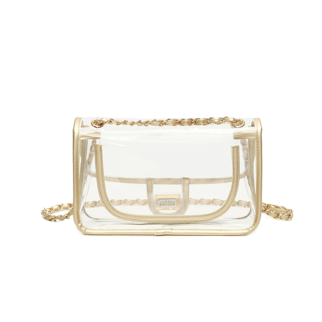 Womens PVC Clear Purse Handbag with Chain Stadium Approved Clear Bag See Through Bag for Working and Concert