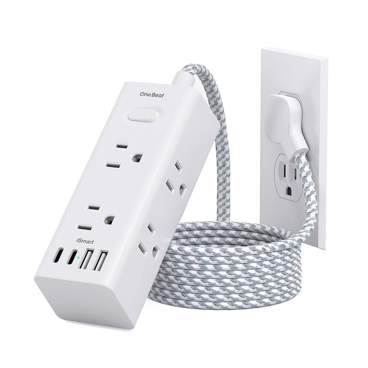 One Beat Short Extension Cord 1Ft, Flat Plug Power Strip Surge Protector - 6 Widely Outlets with 4 USB Ports (2 USB C), Wall Mount Small Power Strip for Travel, Home Office College Dorm Essentials