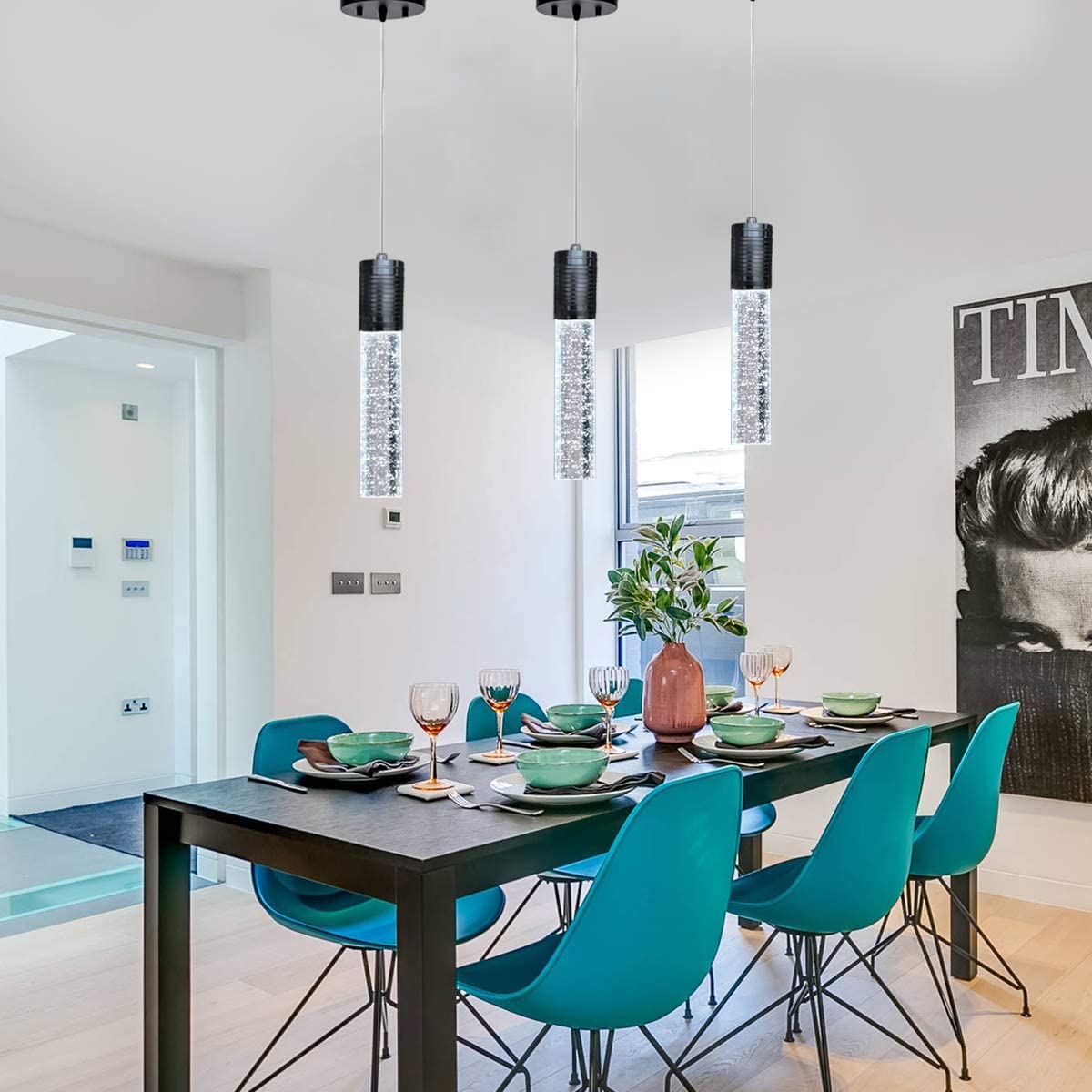 HAIXIANG Modern Kitchen Island Hanging Light Fixtures Crytstal Pendant Lighting for Kitchen Island Chrome Mini Chandelier with 6000K Daylight Bulb