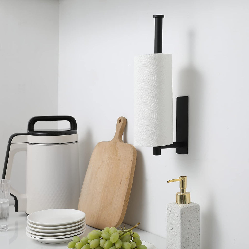 theaoo Paper Towel Holder - Under Cabinet Paper Towel Holder for Kitchen, Adhesive Paper Towel Roll Rack for Bathroom Towel, Wall Mounted Matte Black Paper Towel Rack, SUS304 Stainless Steel(1, Black)