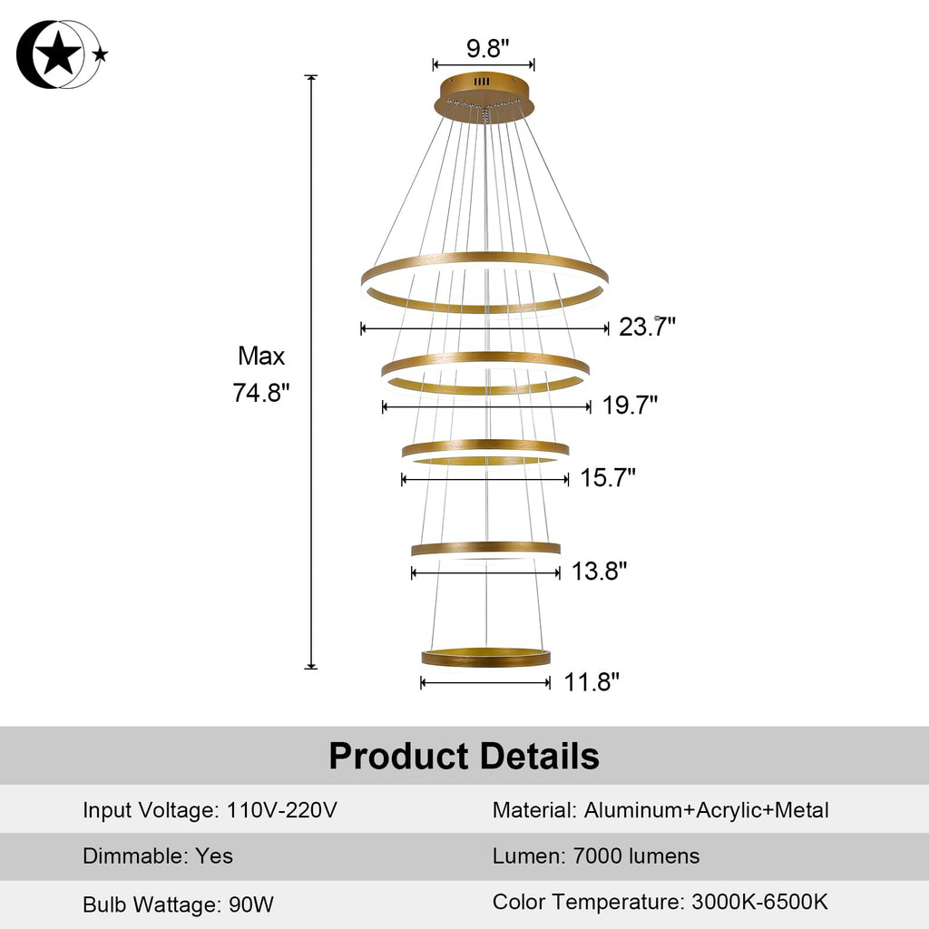 5-Rings Modern LED Chandelier Black Dimmable High Ceiling Chandelier for Dining Room with Remote Control for Foyer Living Room Entryway Staircase(D23.6’’, 3000K-6500K)