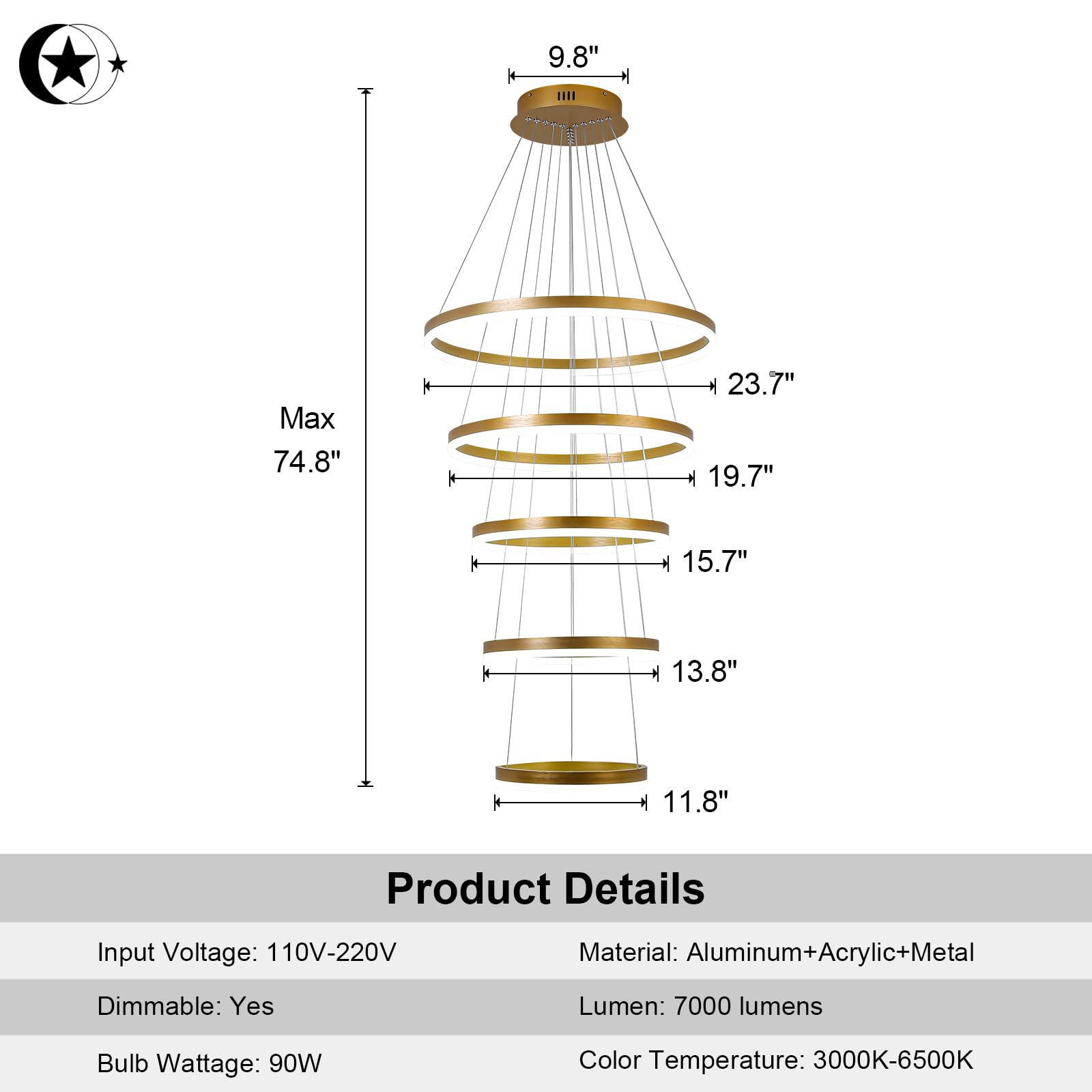 5-Rings Modern LED Chandelier Black Dimmable High Ceiling Chandelier for Dining Room with Remote Control for Foyer Living Room Entryway Staircase(D23.6’’, 3000K-6500K)