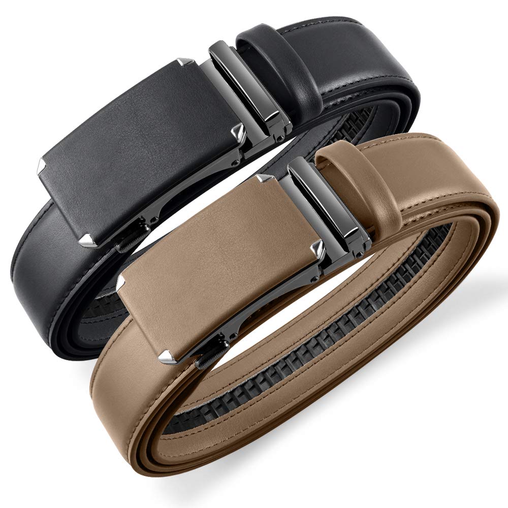 DOOPAI Men's 2 Pack Ratchet Dress Belt - Adjustable 1 3/8" Genuine Leather, Size Length Can Be Cut, With Gift Box