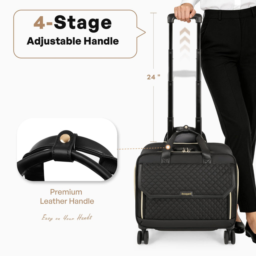 Rolling Laptop Bag for Women with 4 Spinner Wheels, 17 Inch Rolling Briefcase for Women with Lock, Waterproof Rolling Computer Bag with 11 Pockets & Padded Laptop Sleeve for Work Travel, Black