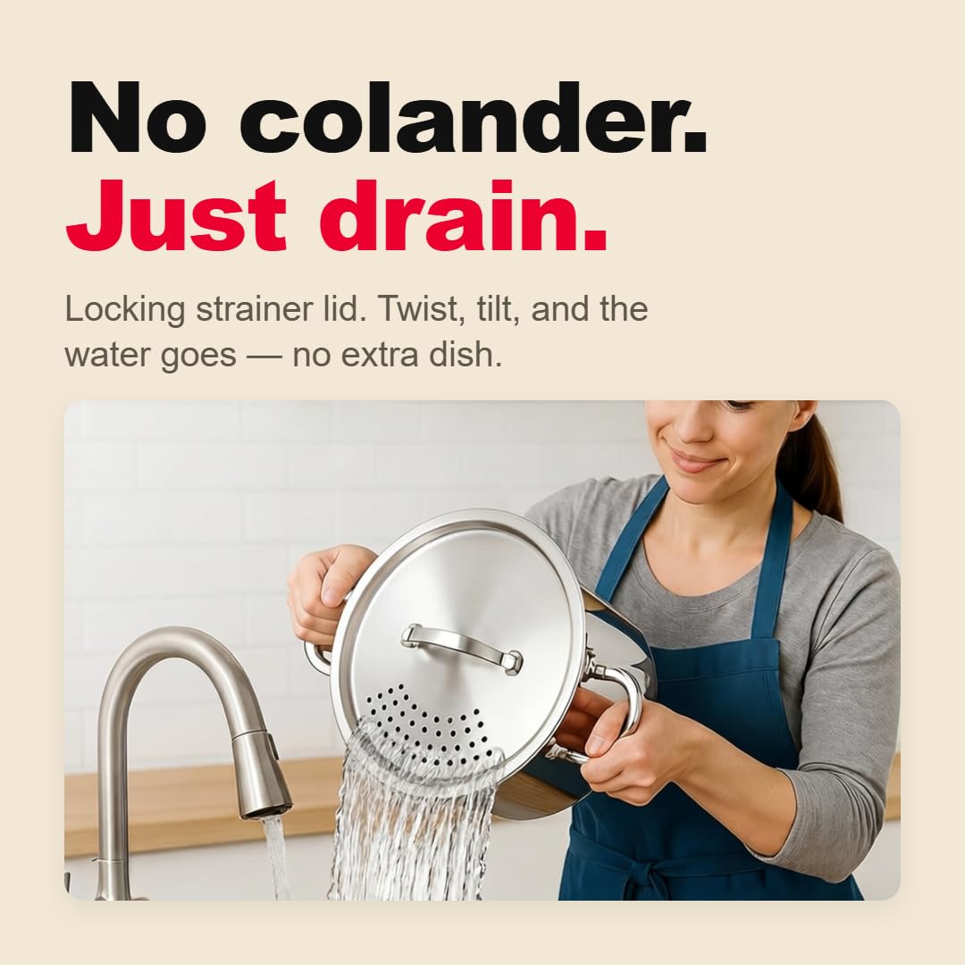 Cooler Concepts Pasta Pot with Strainer Lid - 5.5 Quart Large Spaghetti Pot - Twist & Lock for Easy Drain & No Colander Or Strainer Basket Insert Needed - Dishwasher Safe Pots