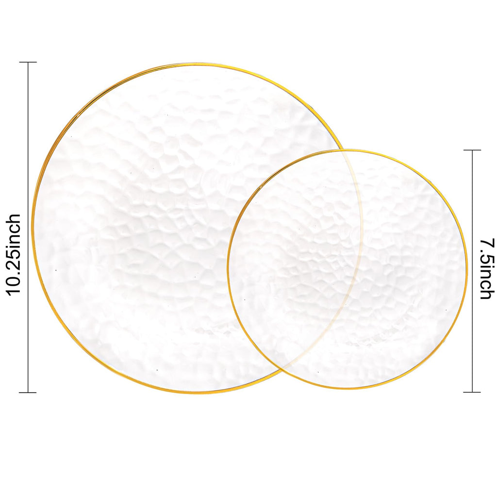Rubtlamp 100Pcs Amber Gold Plastic Plates, Disposable Plates With Gold Rim, Heavy-duty Party Platos, Hammered Plastic Plates Include 50 Clear Dessert Plates, 50 Dinner Plates for Party