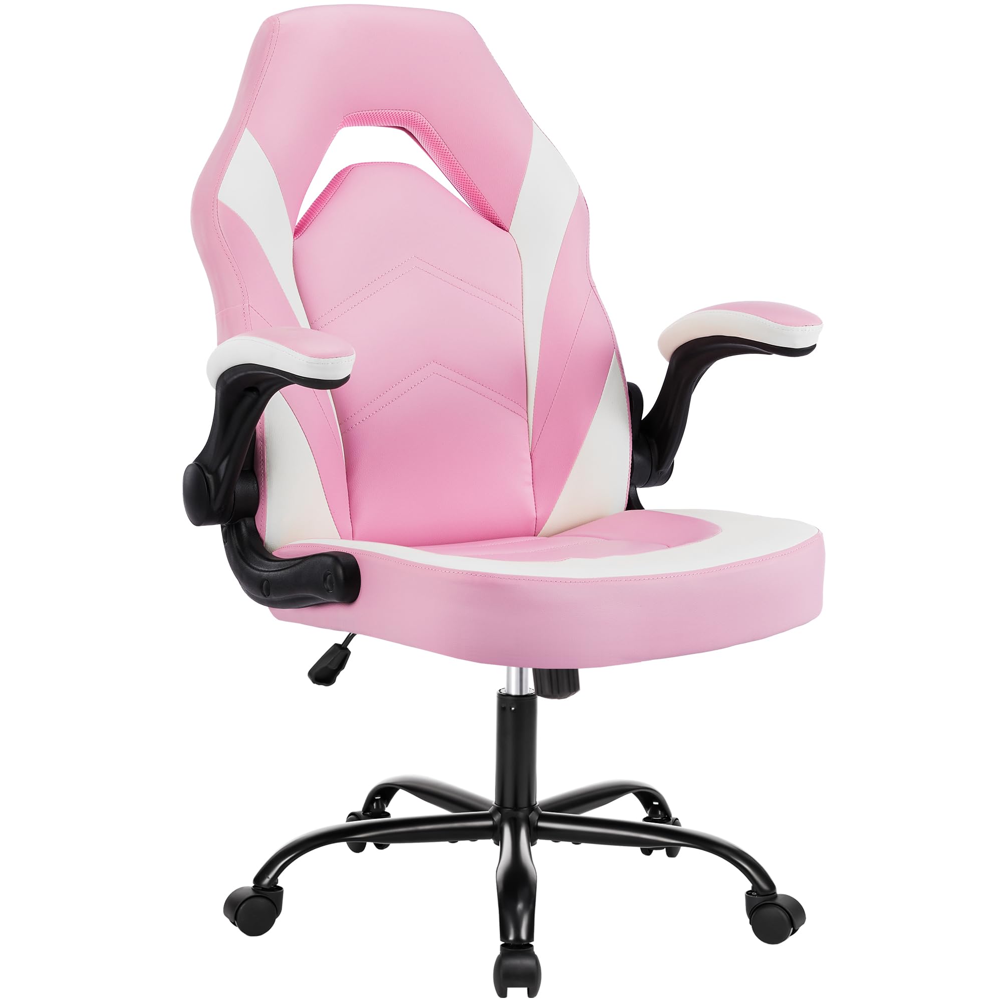 OLIXIS Computer Gaming Desk Chair - Ergonomic Video Game with Comfy Lumbar Support and headrest, PU Leather with Flip-up Arms, Adjustable Height and Swivel Wheels, for Adults, Black