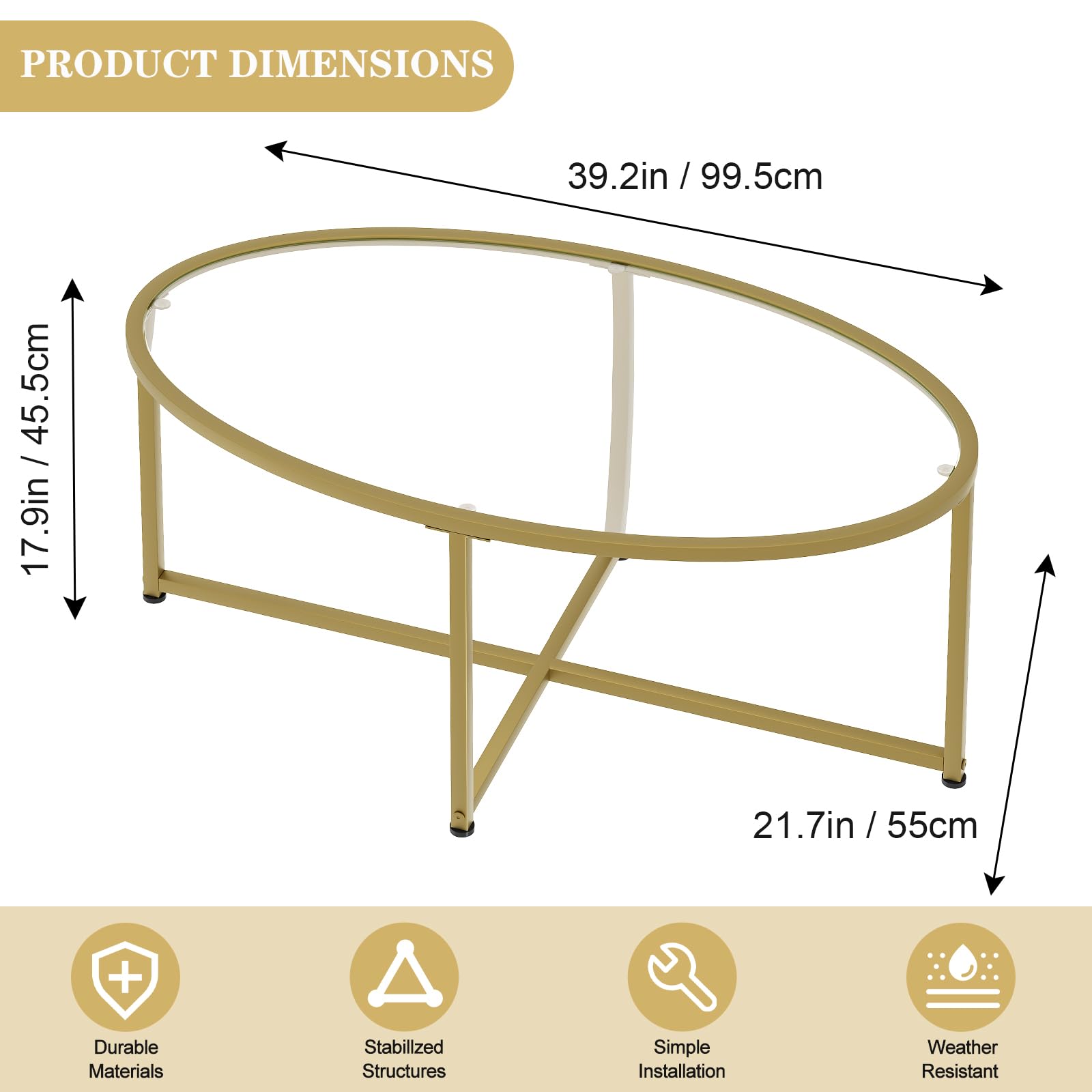 Wolawu Coffee Table Gold Oval Glass Coffee Tables for Living Room,Modern Gold Metal Frame Tea Tables for Small Space, Tempered Glass Top Center Table with Stable Cross Base for Bedroom, Office,Balcony