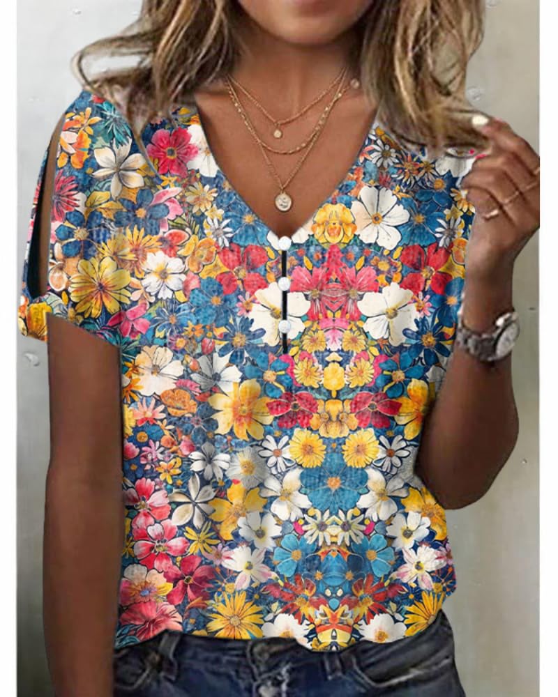 HOTYD Women's Boho Floral Print Ladies Short Sleeve Tops Summer Blouses Dressy Casual V Neck Cold Shoulder Tunic Tops