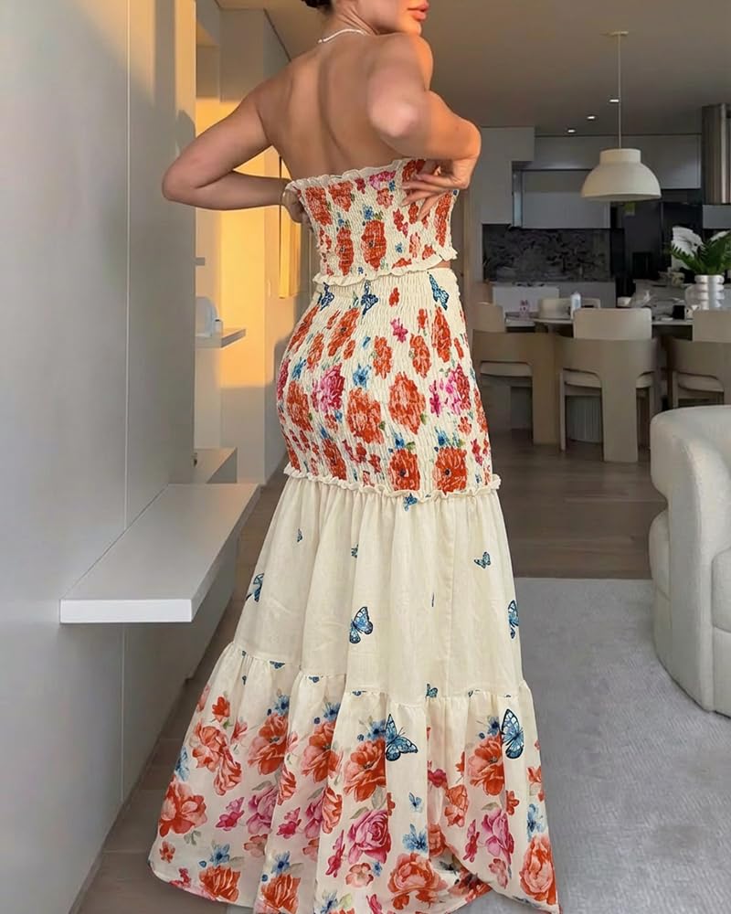 CHICME Floral Printed Vacation Dress Halter Tie Ruched Shirred Bandeau Party Dress Slim Ruffle Hem Wedding Guest Dress