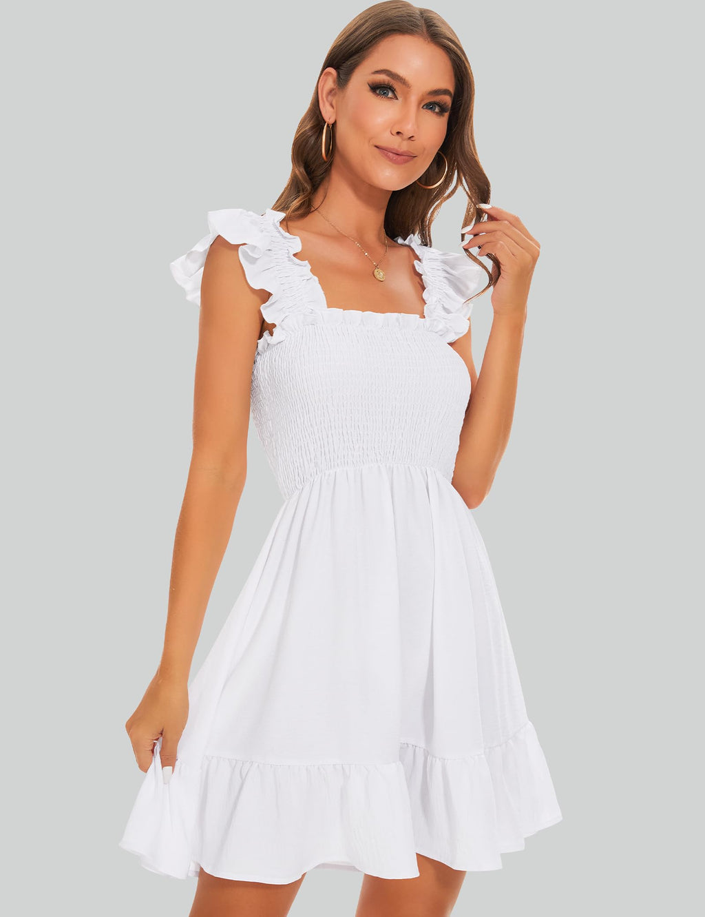 ROYLAMP Women's Smocked Dresses Square Neck Elegant Tiered Boho Ruffle Shoulder Swing Flowy Summer Casual Mini Dress