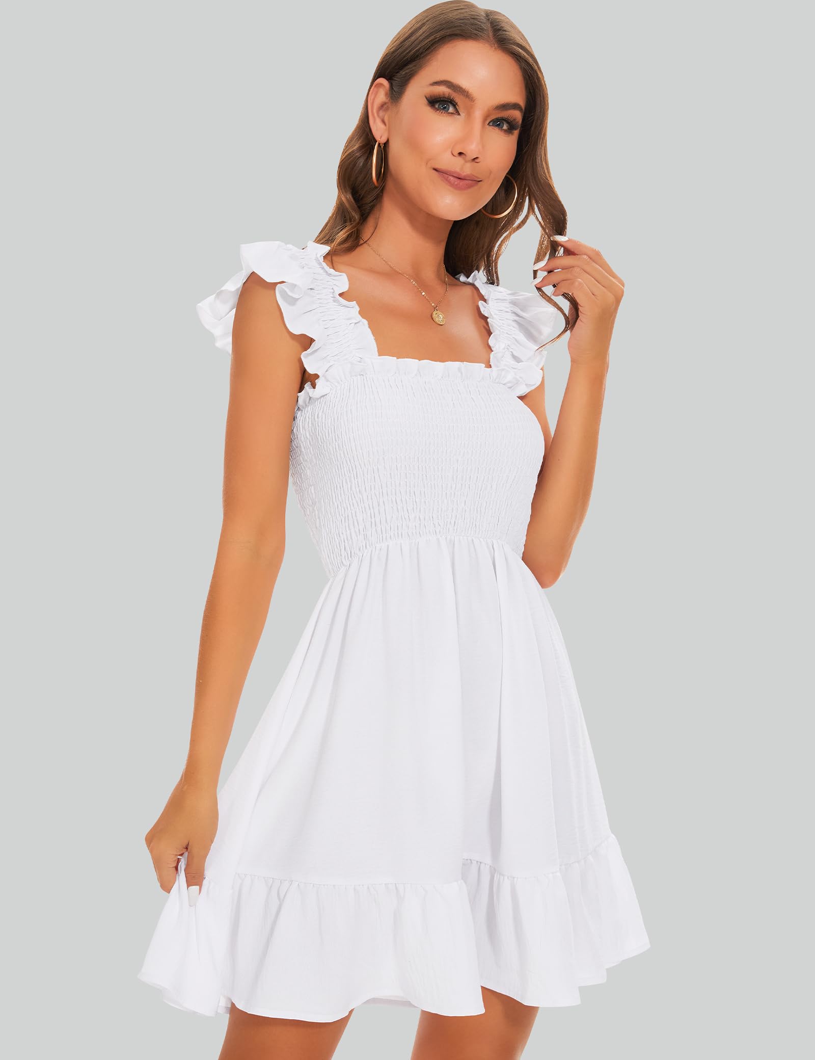 ROYLAMP Women's Smocked Dresses Square Neck Elegant Tiered Boho Ruffle Shoulder Swing Flowy Summer Casual Mini Dress