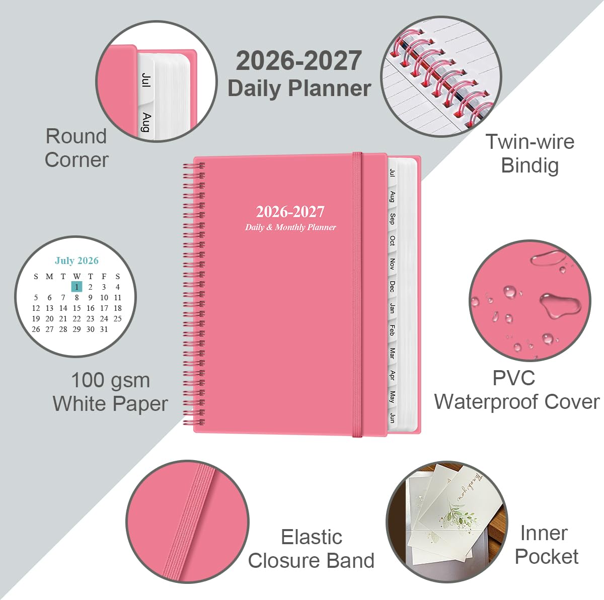 2026-2027 Daily & Monthly Planner - One Page Per Day, Daily Planner from July 2026 to June 2027, Planner 2026-2027 with 12 Monthly Tabs, 6.4" x 8.5", Black