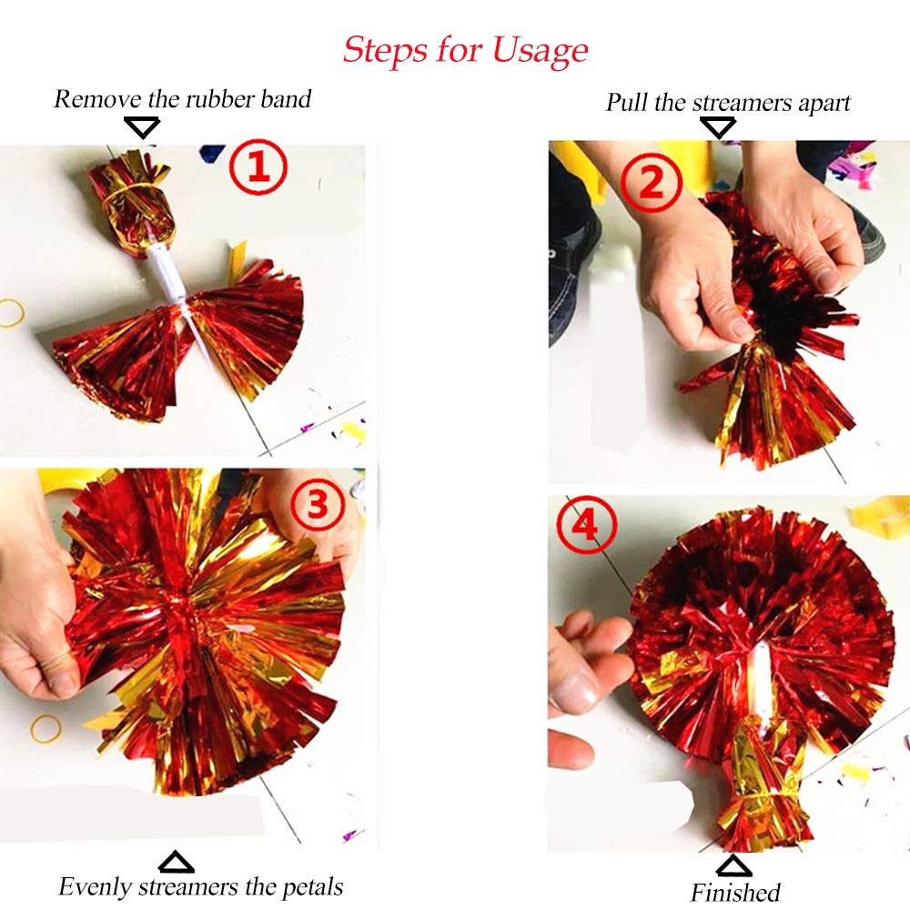 4Pcs Metallic Cheerleading Pom Poms, Creatiee 2 Pair Cheerleader Cheering Squad Pompoms for School Sports Dance Games Team Spirit Cheer