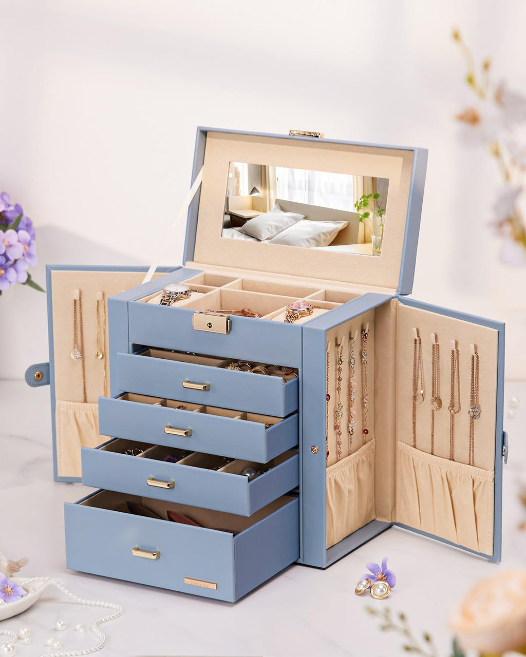 Homde Mothers Day Gifts Synthetic Leather Huge Jewelry Box Mirrored Watch Organizer Necklace Ring Earring Storage Lockable Gift Case (Black + Gold)