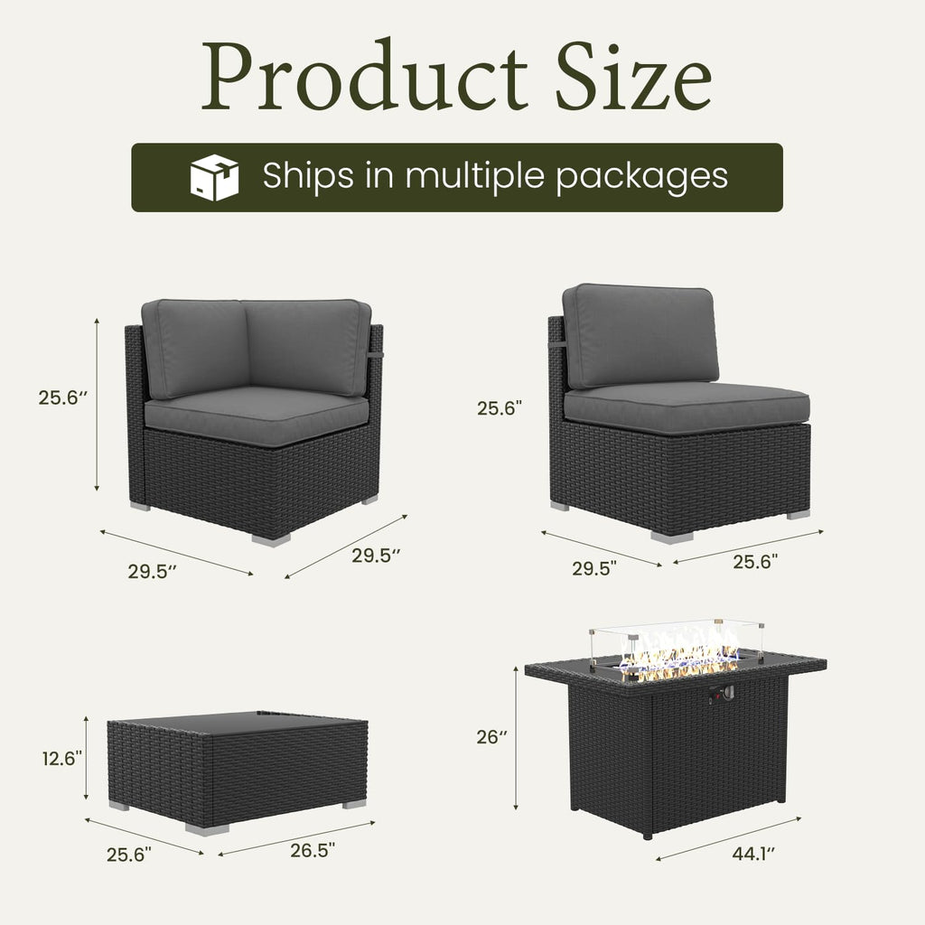 LayinSun 7 Pieces Outdoor Patio Furniture Set with 44" Fire Pit Table Rattan Sectional Sofa Conversation Sets