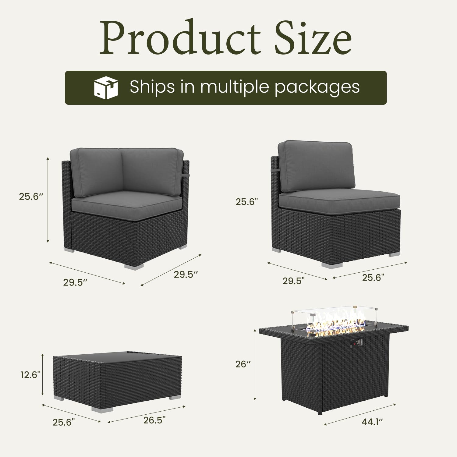 LayinSun 7 Pieces Outdoor Patio Furniture Set with 44" Fire Pit Table Rattan Sectional Sofa Conversation Sets