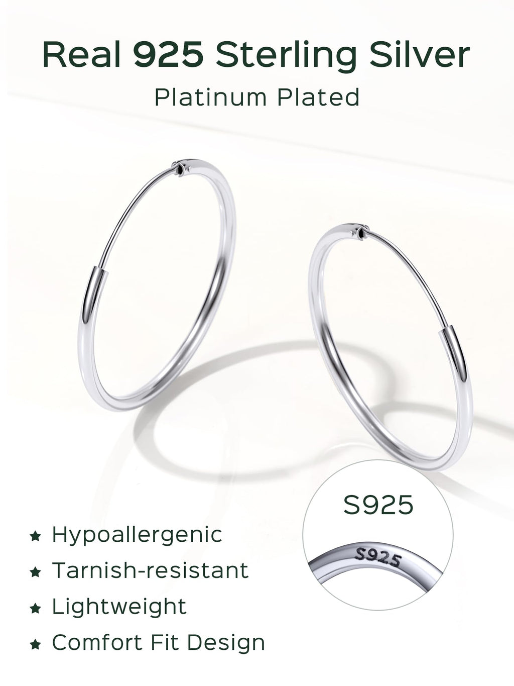 ChicSilver 925 Sterling Silver Hoop Earrings for Women Hypoallergenic, Lightweight Large Gold Plated Silver Hoop Earrings, Endless Hoops Earring 20/30/40/50/60/70MM
