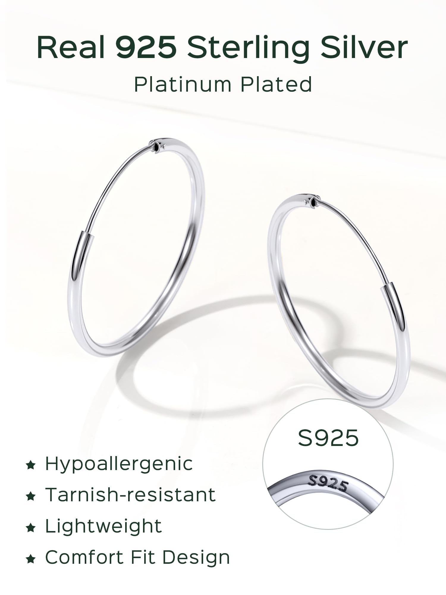 ChicSilver 925 Sterling Silver Hoop Earrings for Women Hypoallergenic, Lightweight Large Gold Plated Silver Hoop Earrings, Endless Hoops Earring 20/30/40/50/60/70MM