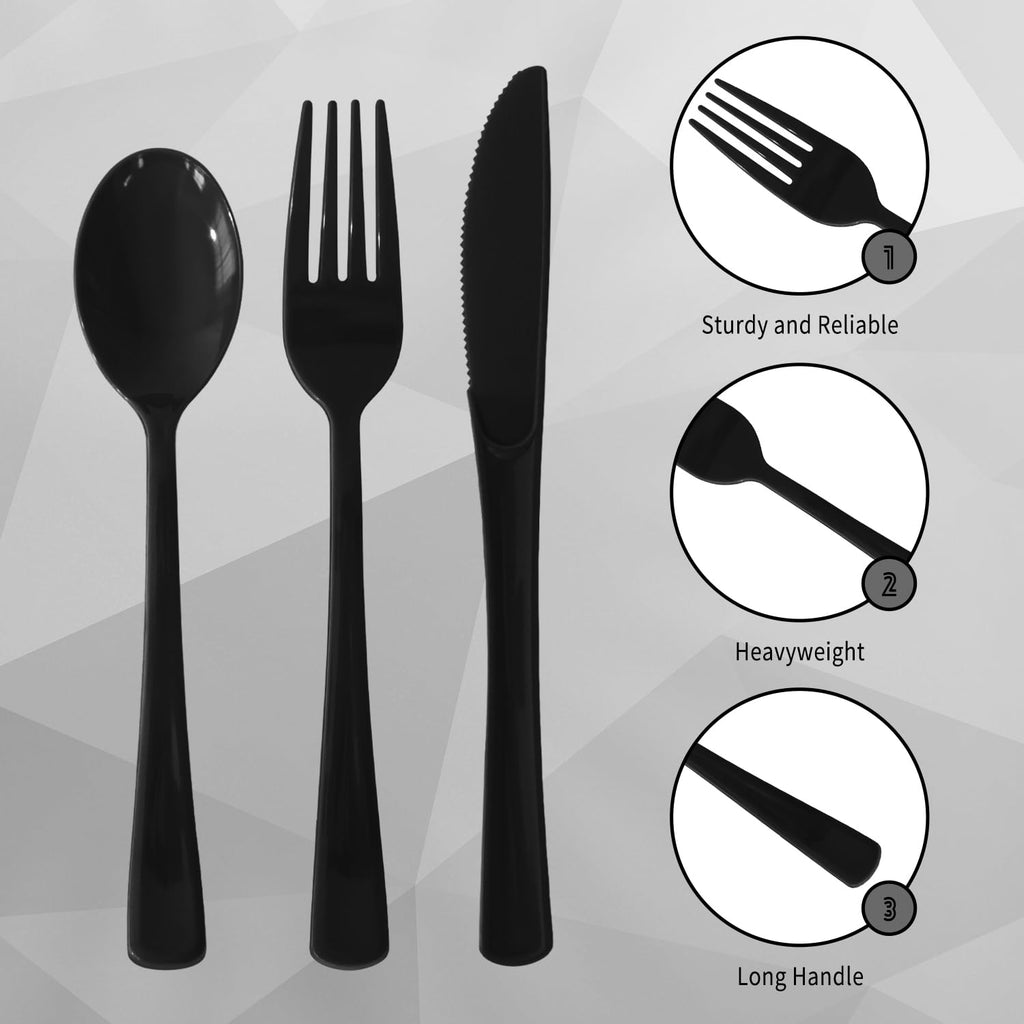 150 Pack Plastic Silverware,Disposable Cutlery Set Heavy Duty Utensil Sets 50 Forks 50 Knives 50 Spoons for Brithday, Wedding,Home School Party Picnics Restaurant Outdoor Events (Black)