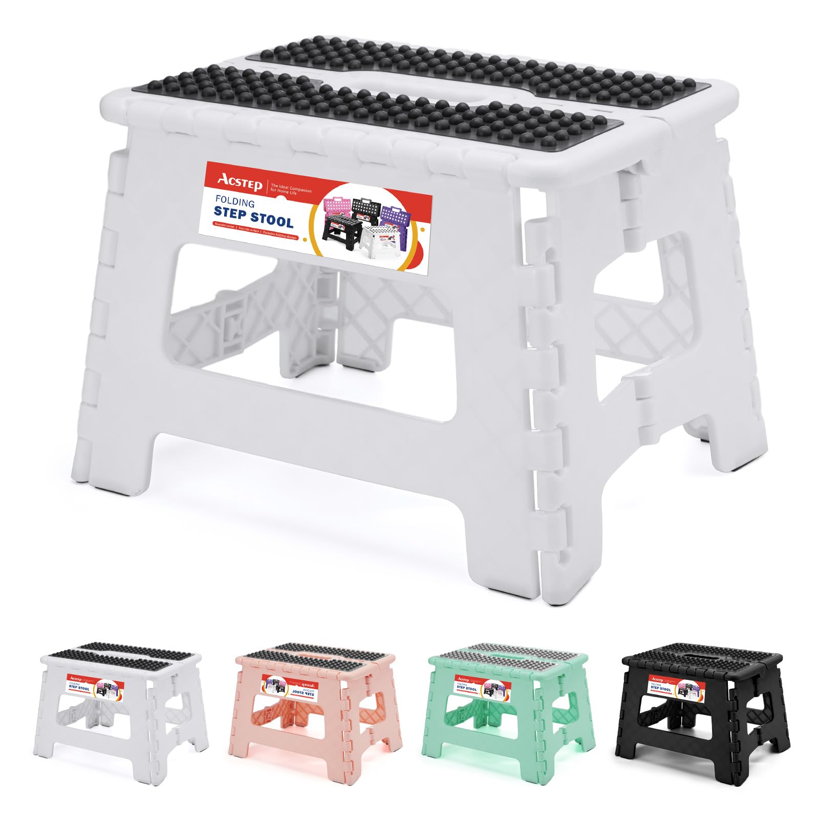 ACSTEP 9 Inch Folding Step Stool 300 LB Capacity Plastic Foldable Step Stools for Kids and Adults, Folding Stool Suitable for Kitchen, Stepping Stool with Handle Bicolor Green Small Step Stool 1PC