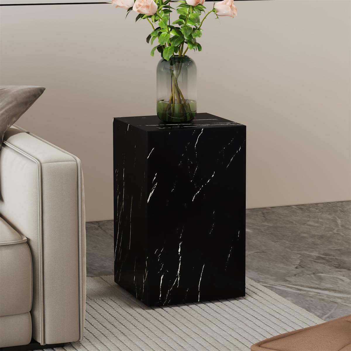 Round Coffee Table, 23.6" Modern Grey Faux Marble Drum Coffee Table, Round Accent Center Table for Living Room Apartment Small Spaces, No Assembly Required