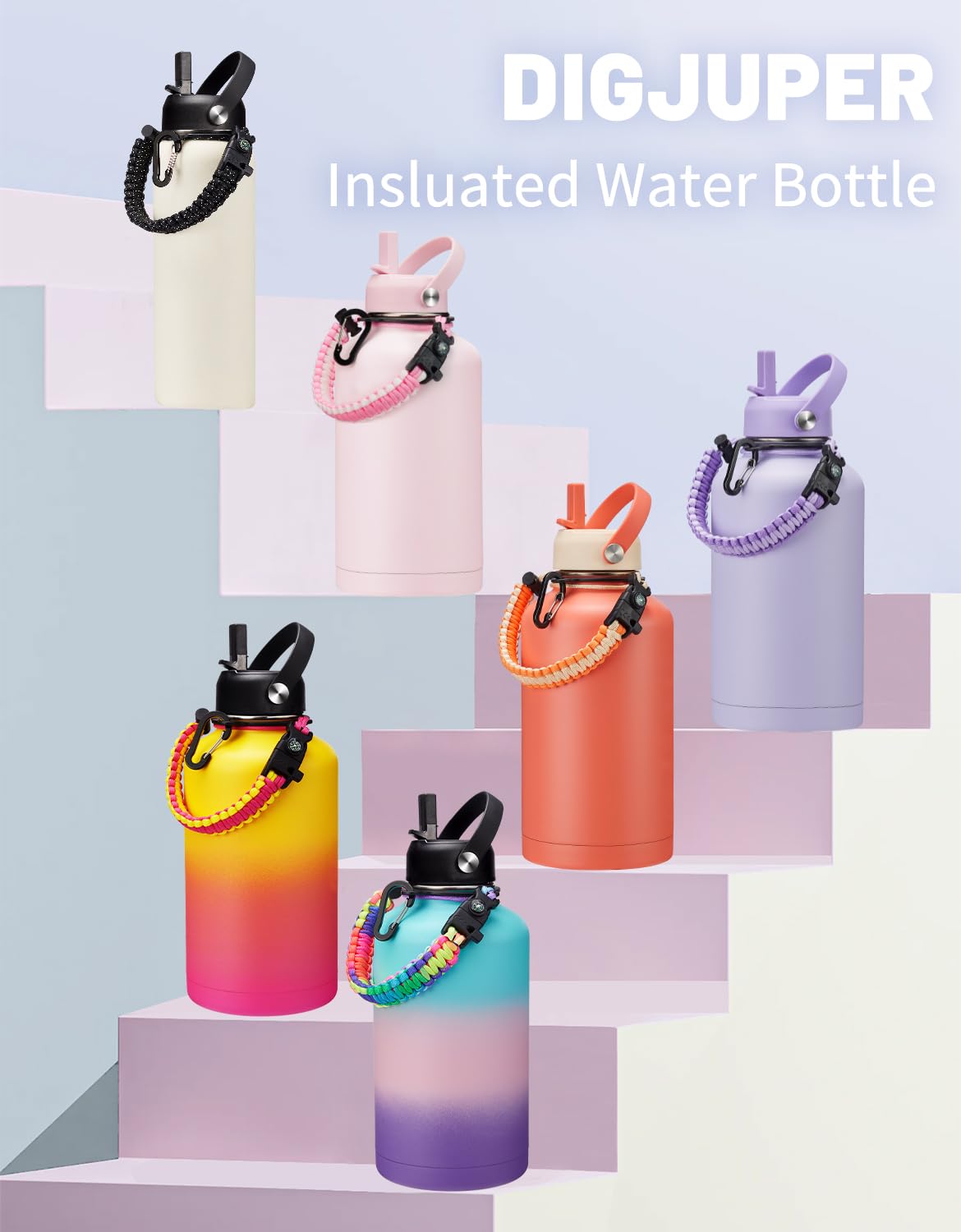 Insulated Water Bottle 32 oz - Cold-48h & Hot-24h Stainless Steel Vacuum Flask with Straw & Pop-up Chug Lid, Leak Proof 32oz Water Bottles, Wide Mouth Hydro Metal Thermal Cups for Gym Work