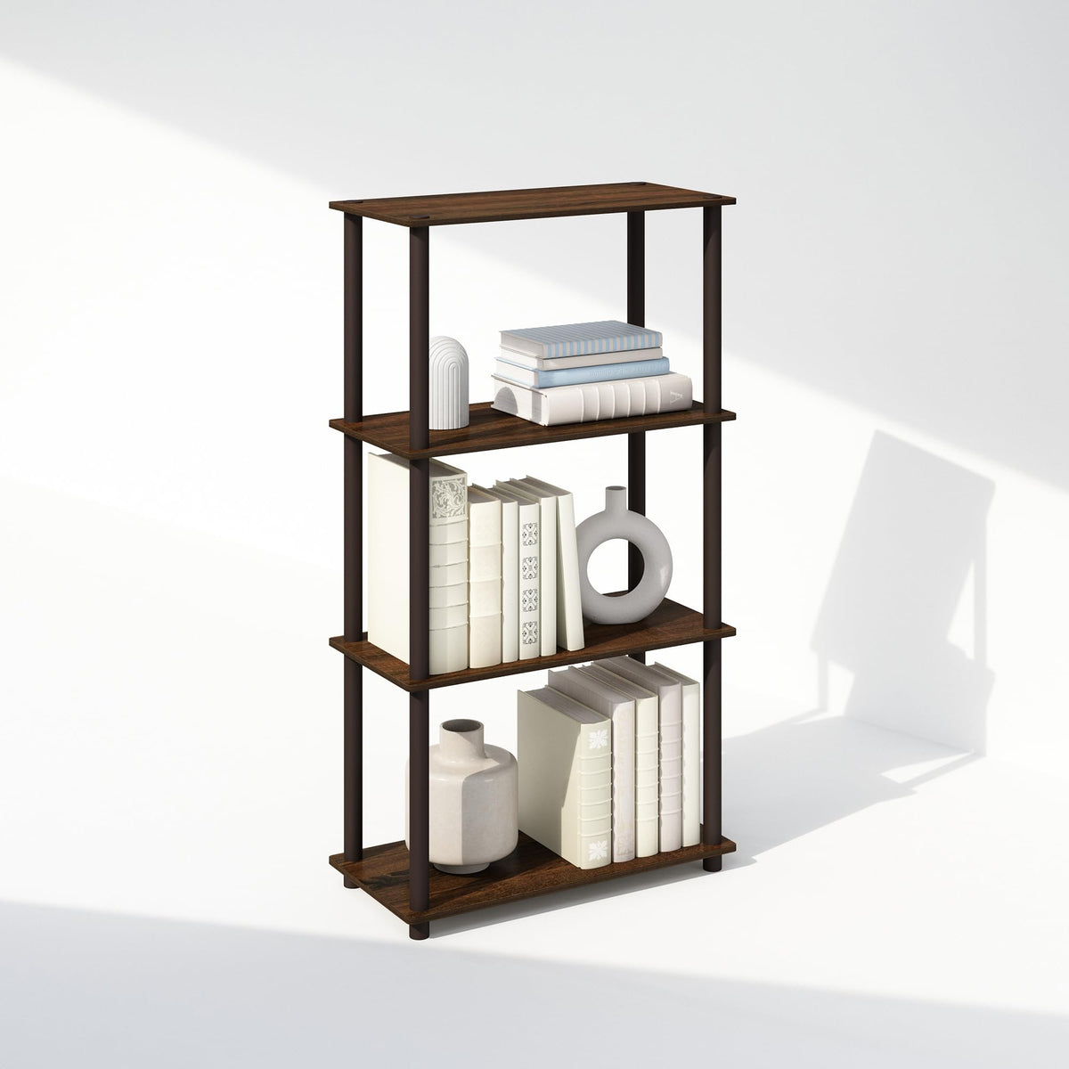 Furinno Turn-N-Tube Book Shelf, 4-Tier Bookshelf, Bookcase with Multipurpose Compact Display Rack, 11.6 x 23.6 x 43.2, for Living Room, Bedroom, Home Office, Americano/Black