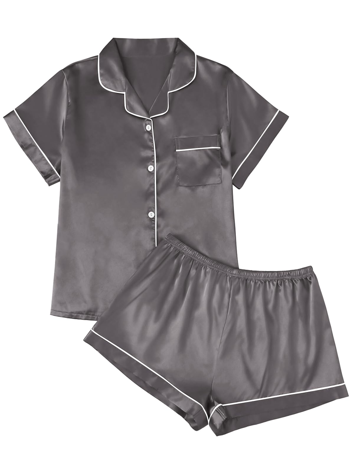 LILLUSORY Silk Satin Pajama Set for Women 2 Piece Lounge Pjs Winter Matching Summer Sleepwear Button Down Shirt Shorts