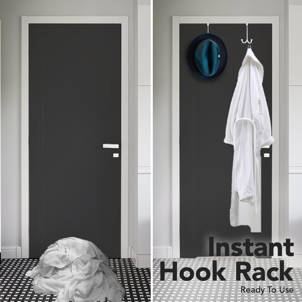 2-Pack Over The Door Hooks - with 2 Hang Heads & Snug Fit Pads Heavy Duty Hook for Hanging Coats, Towels, Caps & Robes - Elegant Matt Finish - No Drill Hanger Organizer - Black