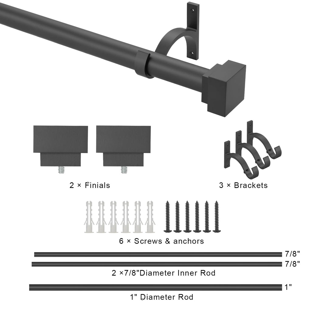 Single Curtain Rods for Windows 28 to 48 Inch(2.3-4ft),1 Inch Diameter Adjustable Heavy Duty Drapery Rods,with Modern Square Aluminum Alloy Finials,Antique Bronze