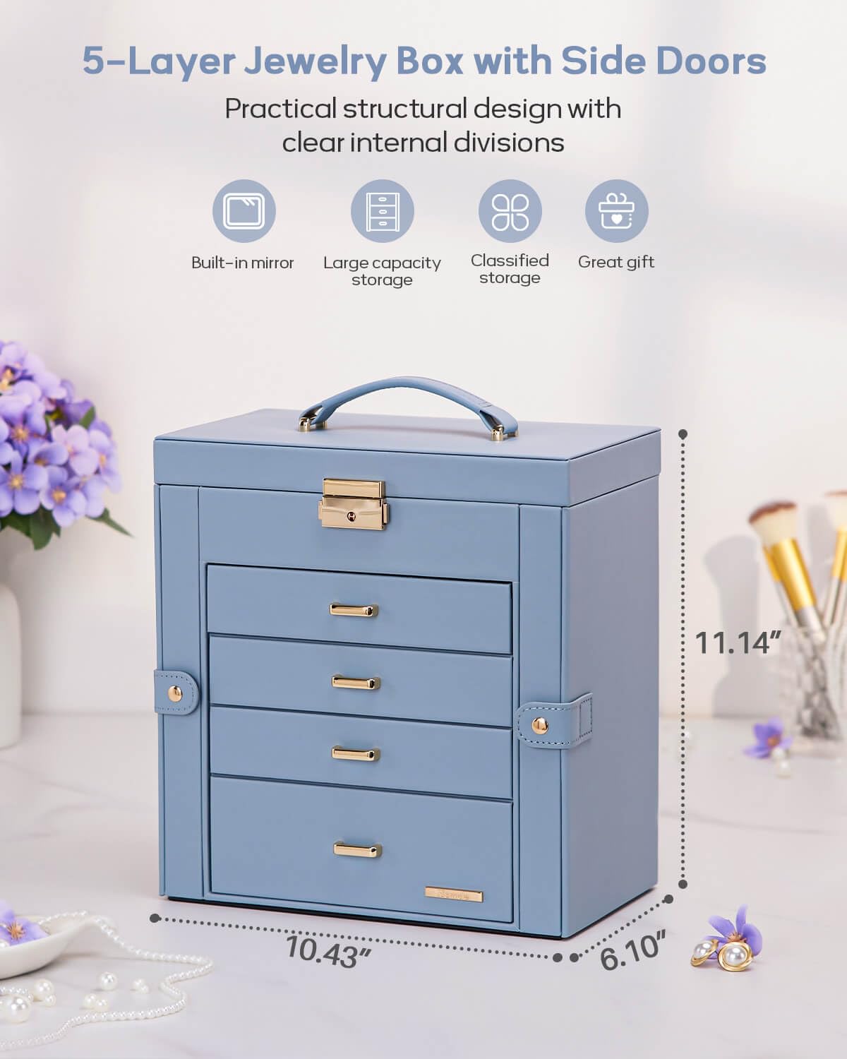 Homde Mothers Day Gifts Synthetic Leather Huge Jewelry Box Mirrored Watch Organizer Necklace Ring Earring Storage Lockable Gift Case (Black + Gold)